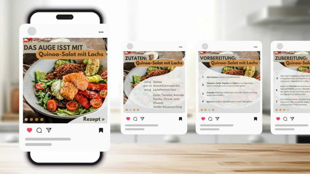 Rezept-Posts auf Smartphone: Quinoa-Salat mit Lachs, Zutaten, Vorbereitungs- und Zubereitungsschritte.