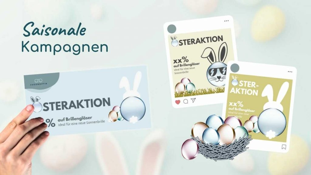 Osteraktion für Augenoptiker: Postkarte und Social-Media-Posts mit Brillenglas-Ostereiern und Osterhase