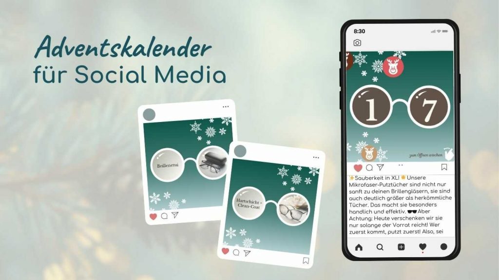 Social-Media-Adventskalender für Augenoptiker: Instagram-Posts mit Brillenglas-Türchen, Produkten und weihnachtlicher Gestaltung