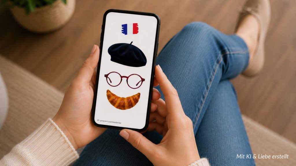 Person hält Smartphone mit Frankreich-Motiv aus Baskenmütze, Brille und Croissant für die Europe-and-Friends-Kampagne in der Augenoptik