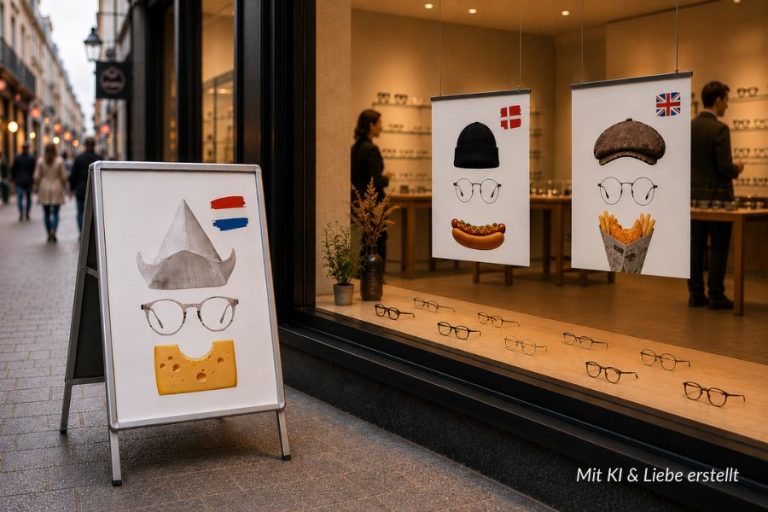 Straßenstopper mit Niederlande-Motiv vor Schaufenster mit Dänemark- und Großbritannien-Postern