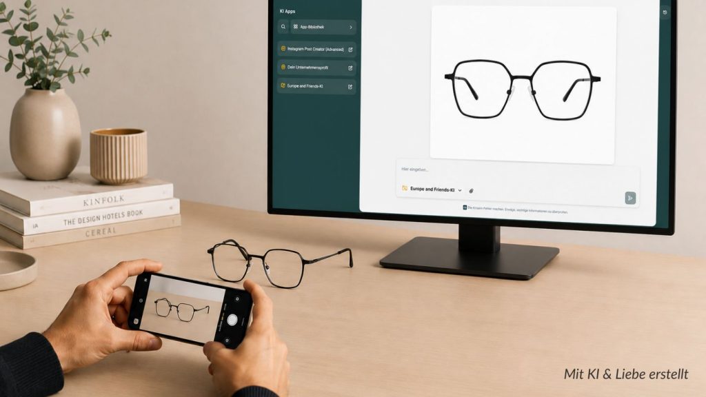 Eine Person fotografiert eine Brille mit dem Smartphone, während auf einem Bildschirm im Hintergrund die freigestellte KI-optimierte Version derselben Brille zu sehen ist