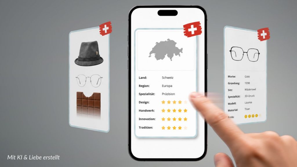 Drei Karussell-Karten zur Schweiz mit Hut, Brille und Schokolade, sowie Länder-Steckbrief mit Bewertungssternen und Marken-Infos zur Brillenmarke Götti